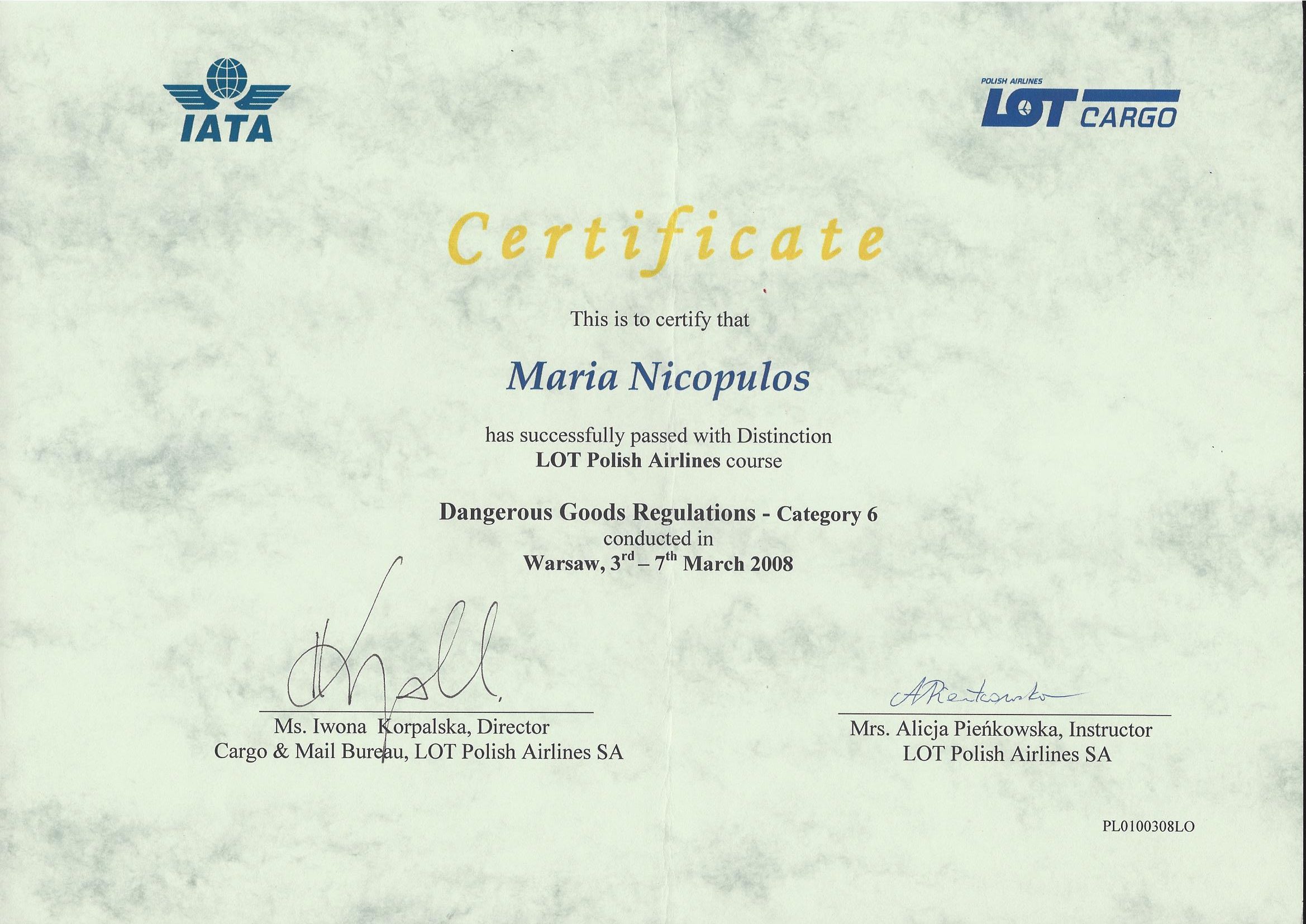 Świadectwo IATA 2008 Maria Nicopulos