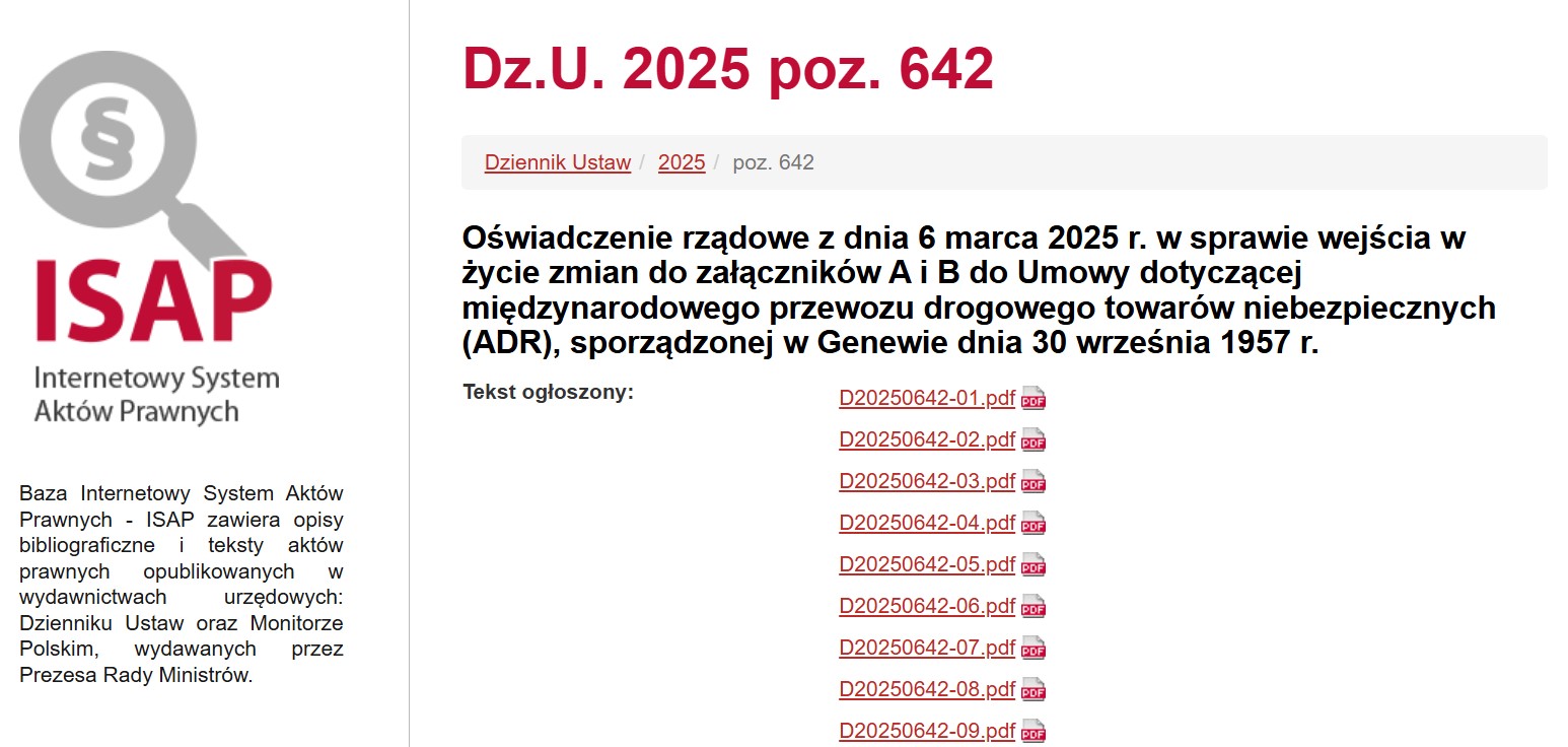 Publikacja przepisów ADR 2025 (Dz.U. 2025, poz. 642)