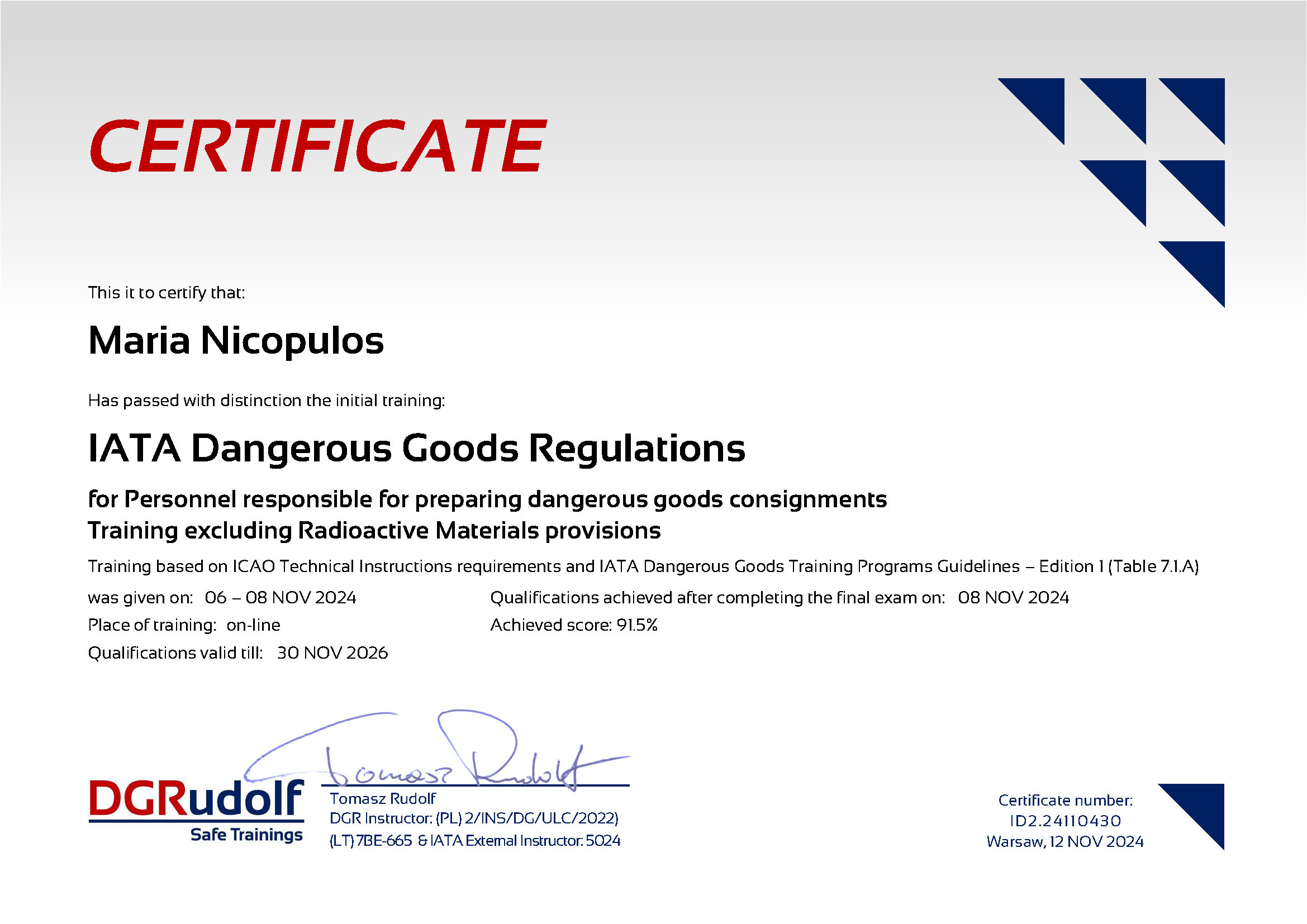 Świadectwo IATA ICAO 2024 ID2.24110430 - Maria Nicopulos